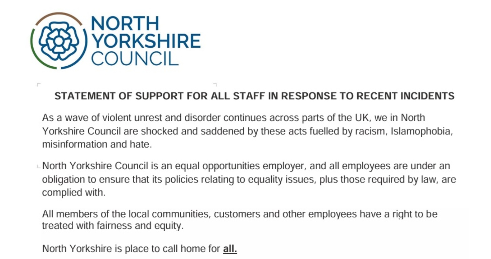 Unsc Riots North Yorkshire Council boss writes to reassure staff following riots